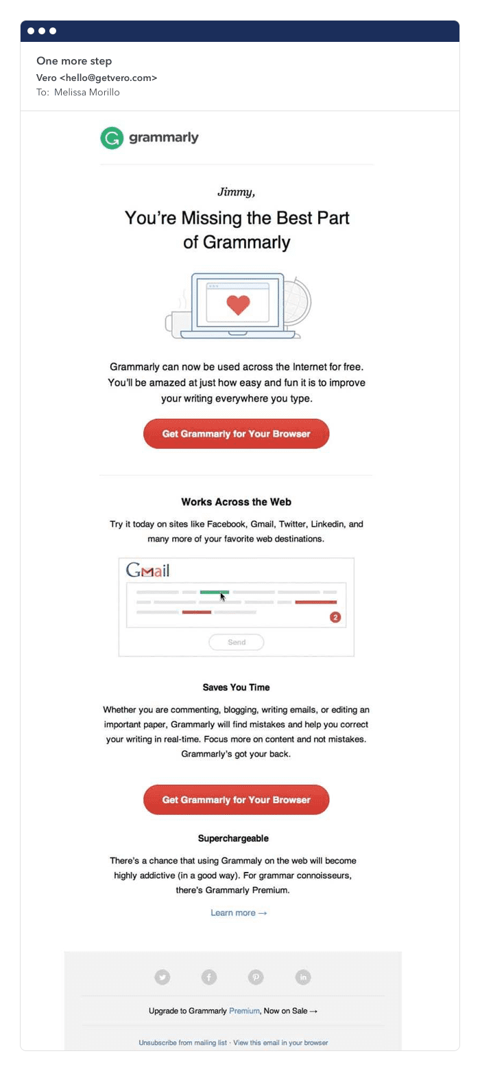 Grammarly improving retention rate email example